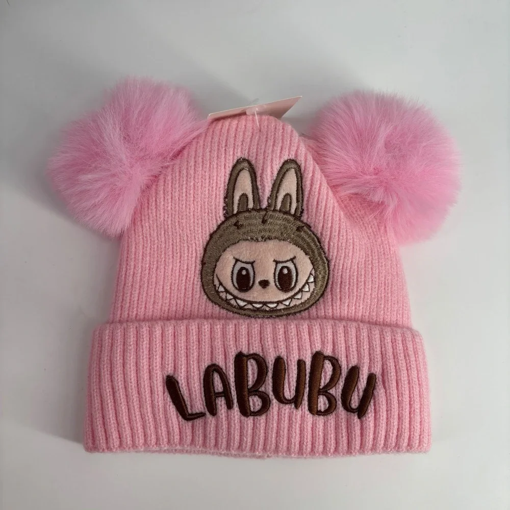 Labubu Double Pom Pom Beanie Kids One Size Pink Embroidered Ribbed Knit Hat